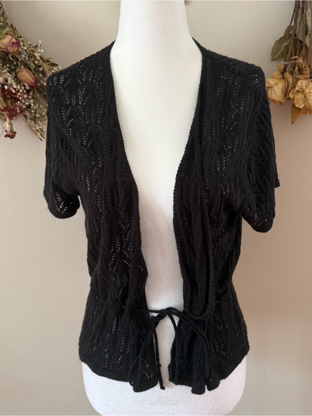 Whimsigoth a.n.a Black Open-Knit Short Sleeve Tie-Front Cardigan